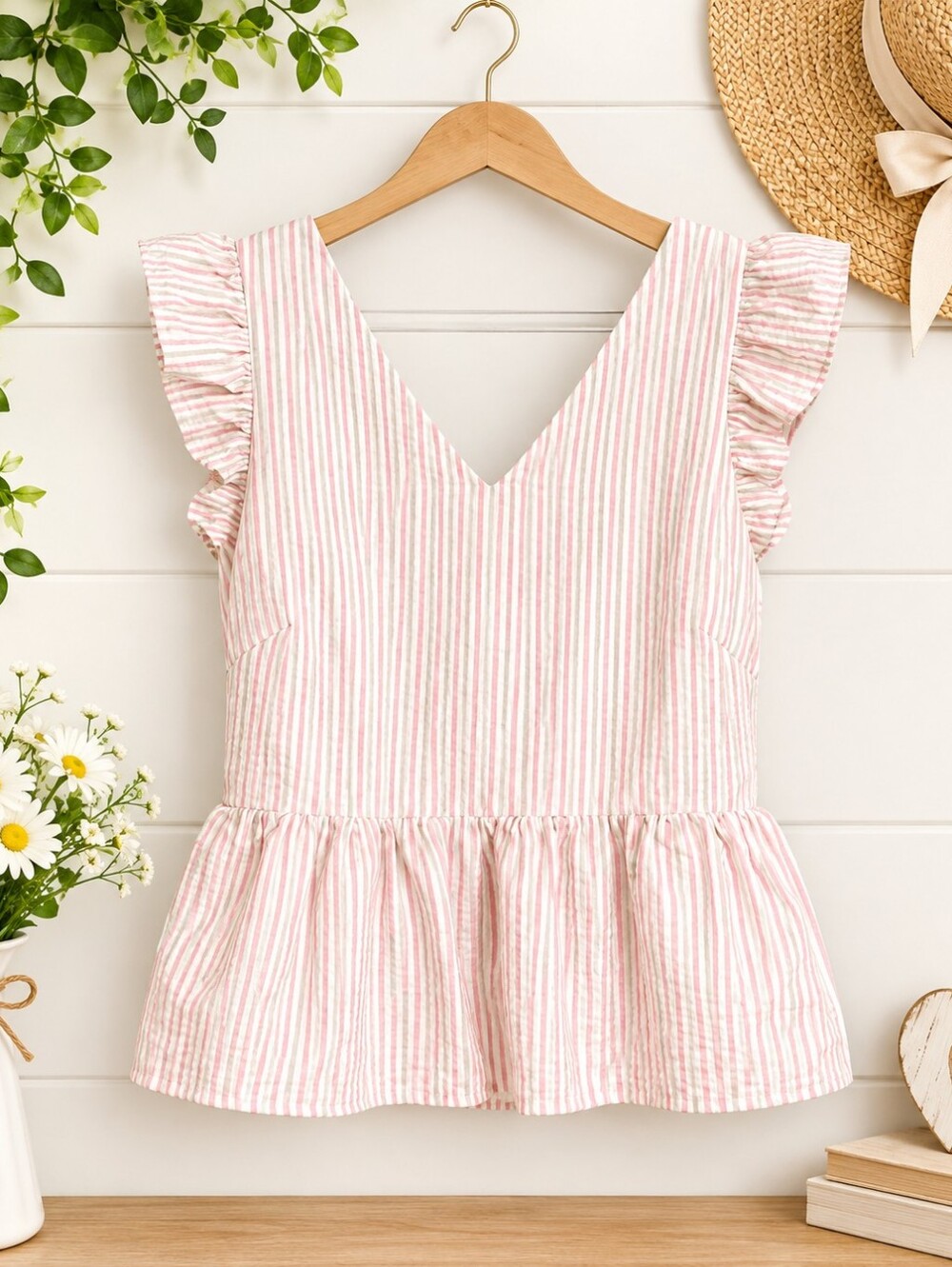 Draper James RSVP Pink Stripe Peplum Top Flutter Sleeve Coquette Cottagecore L